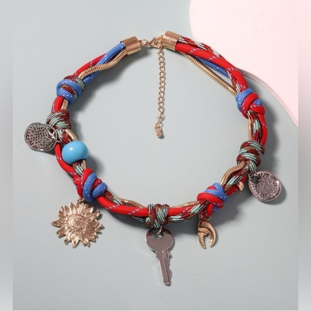 Colorful Rope Necklace with Gold Charms - Picture 3 of 5